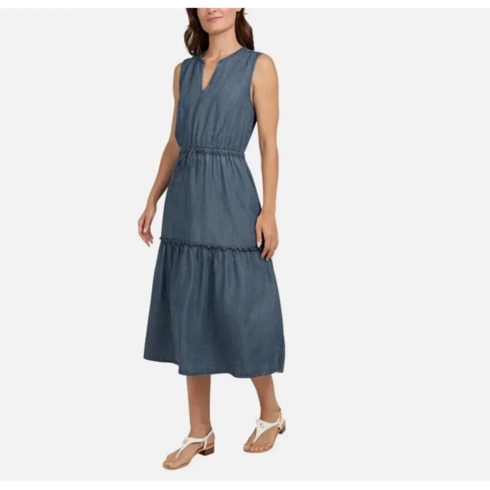 Lands' End Ladies' Tiered Midi Dress, Blue Denim - Picture 3 of 4